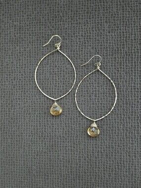 Hammered🔨 Gold💛 Open Ellipse Earrings With Dangling Citrine🧡 - NWOT